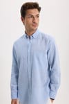 Erkek Regular Fit Klasik Kesim Oversize Pamuklu Keten Doku Düğmeli Yaka Mavi Gömlek