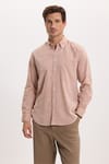 Erkek Regular Fit Klasik Kesim Oversize Pamuklu Keten Doku Düğmeli Yaka Kahverengi Gömlek