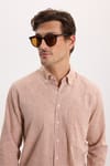 Erkek Regular Fit Klasik Kesim Oversize Pamuklu Keten Doku Düğmeli Yaka Kahverengi Gömlek