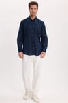 Erkek Regular Fit Klasik Kesim Oversize Pamuklu Keten Doku Düğmeli Yaka Lacivert Gömlek