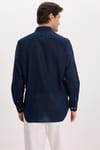 Erkek Regular Fit Klasik Kesim Oversize Pamuklu Keten Doku Düğmeli Yaka Lacivert Gömlek