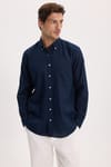 Erkek Regular Fit Klasik Kesim Oversize Pamuklu Keten Doku Düğmeli Yaka Lacivert Gömlek