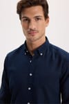 Erkek Regular Fit Klasik Kesim Oversize Pamuklu Keten Doku Düğmeli Yaka Lacivert Gömlek