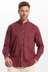 Erkek Regular Fit Klasik Kesim Oversize Pamuklu Keten Doku Düğmeli Yaka Bordo Gömlek