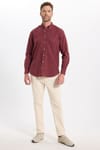 Erkek Regular Fit Klasik Kesim Oversize Pamuklu Keten Doku Düğmeli Yaka Bordo Gömlek
