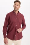 Erkek Regular Fit Klasik Kesim Oversize Pamuklu Keten Doku Düğmeli Yaka Bordo Gömlek