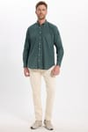 Erkek Regular Fit Klasik Kesim Oversize Pamuklu Keten Doku Düğmeli Yaka Yeşil Gömlek