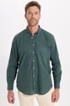 Erkek Regular Fit Klasik Kesim Oversize Pamuklu Keten Doku Düğmeli Yaka Yeşil Gömlek
