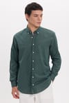 Erkek Regular Fit Klasik Kesim Oversize Pamuklu Keten Doku Düğmeli Yaka Yeşil Gömlek