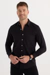 Erkek Regular Fit Klasik Kesim Oversize %100 Pamuk Keten Doku Tek Cepli Siyah Gömlek