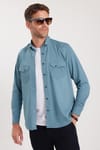 Erkek Regular Fit Rahat Kesim Çift Cepli Spor Yaka Denim Petrol Gömlek
