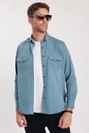Erkek Regular Fit Rahat Kesim Çift Cepli Spor Yaka Denim Petrol Gömlek
