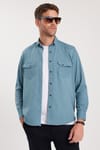 Erkek Regular Fit Rahat Kesim Çift Cepli Spor Yaka Denim Petrol Gömlek