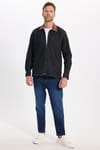 Erkek Regular Fit Rahat Kesim Kadife Yaka Fermuarlı Denim Siyah Ceket Gömlek