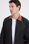 Erkek Regular Fit Rahat Kesim Kadife Yaka Fermuarlı Denim Siyah Ceket Gömlek