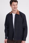 Erkek Regular Fit Rahat Kesim Kadife Yaka Fermuarlı Denim Lacivert Ceket Gömlek