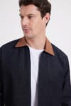 Erkek Regular Fit Rahat Kesim Kadife Yaka Fermuarlı Denim Lacivert Ceket Gömlek