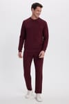 Erkek Slim Fit Dar Kesim Beli Bağcıklı 3 Cepli Geniş Paça Bordo Eşofman Altı