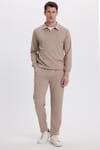 Erkek Slim Fit Dar Kesim Beli Bağcıklı 3 Cepli Geniş Paça Koyu Vizon Eşofman Altı