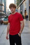 Unisex Slim Fit Dar Kesim %100 Pamuk Yumuşak Dokulu Kırmızı Bisiklet Yaka Tişört