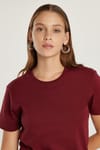 Unisex Slim Fit Dar Kesim %100 Pamuk Yumuşak Dokulu Bordo Bisiklet Yaka Tişört