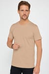 Erkek Slim Fit Dar Kesim %100 Pamuk Yumuşak Dokulu Vizon Renk Bisiklet Yaka Tişört