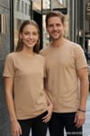 Unisex Slim Fit Dar Kesim %100 Pamuk Yumuşak Dokulu Vizon Renk Bisiklet Yaka Tişört