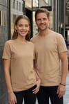 Unisex Slim Fit Dar Kesim %100 Pamuk Yumuşak Dokulu Vizon Renk Bisiklet Yaka Tişört