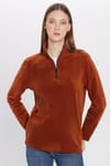 Unisex Standart Fit Rahat Kesim Tüylenme Yapmayan Soğuk Geçirmez Kahverengi Dik Yaka Polar Sweatshirt