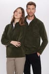 Unisex Standart Fit Rahat Kesim Tüylenme Yapmayan Soğuk Geçirmez Koyu Haki Dik Yaka Polar Sweatshirt