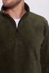 Unisex Standart Fit Rahat Kesim Soğuğa Karşı Dayanıklı Koyu Haki Dik Yaka Polar Sweatshirt