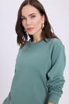 Kadın Oversize Geniş Kesim %100 Pamuk Basic Beyaz Bisiklet Yaka Yeşil Sweatshirt