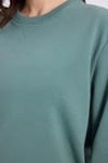 Kadın Oversize Geniş Kesim %100 Pamuk Basic Beyaz Bisiklet Yaka Yeşil Sweatshirt