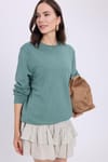 Kadın Oversize Geniş Kesim %100 Pamuk Basic Beyaz Bisiklet Yaka Yeşil Sweatshirt