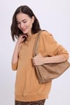 Kadın Oversize Geniş Kesim %100 Pamuk Basic Beyaz Bisiklet Yaka Camel Sweatshirt