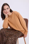 Kadın Oversize Geniş Kesim %100 Pamuk Basic Beyaz Bisiklet Yaka Camel Sweatshirt