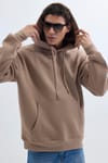 Unisex Oversize Geniş Kesim Pamuklu Yumuşak Dokulu İçi Polarlı Basic Vizon Renk Kapüşonlu Sweatshirt