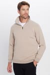Unisex Relax Fit Rahat Kesim Pamuklu İçi Polarlı Yarım Fermuarlı Taş Renk Dik Yaka Sweatshirt