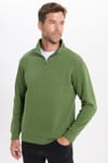 Unisex Relax Fit Rahat Kesim Pamuklu İçi Polarlı Yarım Fermuarlı Yeşil Dik Yaka Sweatshirt