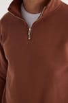 Unisex Relax Fit Rahat Kesim Pamuklu İçi Polarlı Yarım Fermuarlı Kahverengi Dik Yaka Sweatshirt