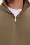 Unisex Relax Fit Rahat Kesim Pamuklu İçi Polarlı Yarım Fermuarlı Haki Dik Yaka Sweatshirt