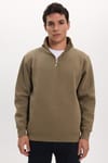 Unisex Relax Fit Rahat Kesim Pamuklu İçi Polarlı Yarım Fermuarlı Haki Dik Yaka Sweatshirt