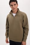 Unisex Relax Fit Rahat Kesim Pamuklu İçi Polarlı Yarım Fermuarlı Haki Dik Yaka Sweatshirt