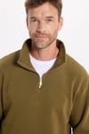 Unisex Relax Fit Rahat Kesim Pamuklu İçi Polarlı Yarım Fermuarlı Yeşil Dik Yaka Sweatshirt