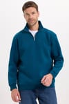 Unisex Relax Fit Rahat Kesim Pamuklu İçi Polarlı Yarım Fermuarlı İndigo Dik Yaka Sweatshirt
