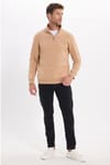 Unisex Relax Fit Rahat Kesim Pamuklu İçi Polarlı Yarım Fermuarlı Taş Renk Dik Yaka Sweatshirt