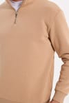 Unisex Relax Fit Rahat Kesim Pamuklu İçi Polarlı Yarım Fermuarlı Taş Renk Dik Yaka Sweatshirt