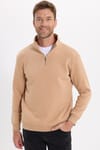 Unisex Relax Fit Rahat Kesim Pamuklu İçi Polarlı Yarım Fermuarlı Taş Renk Dik Yaka Sweatshirt
