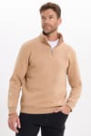 Unisex Relax Fit Rahat Kesim Pamuklu İçi Polarlı Yarım Fermuarlı Taş Renk Dik Yaka Sweatshirt