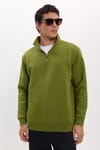 Unisex Relax Fit Rahat Kesim Pamuklu İçi Polarlı Yarım Fermuarlı Haki Dik Yaka Sweatshirt